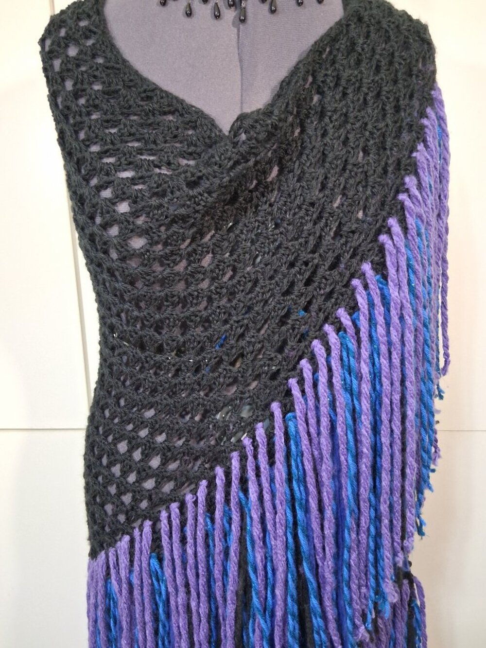 Boho Black with Royal Blue - Purple - Black Super Fringe Shawl - Picture 4 of 12